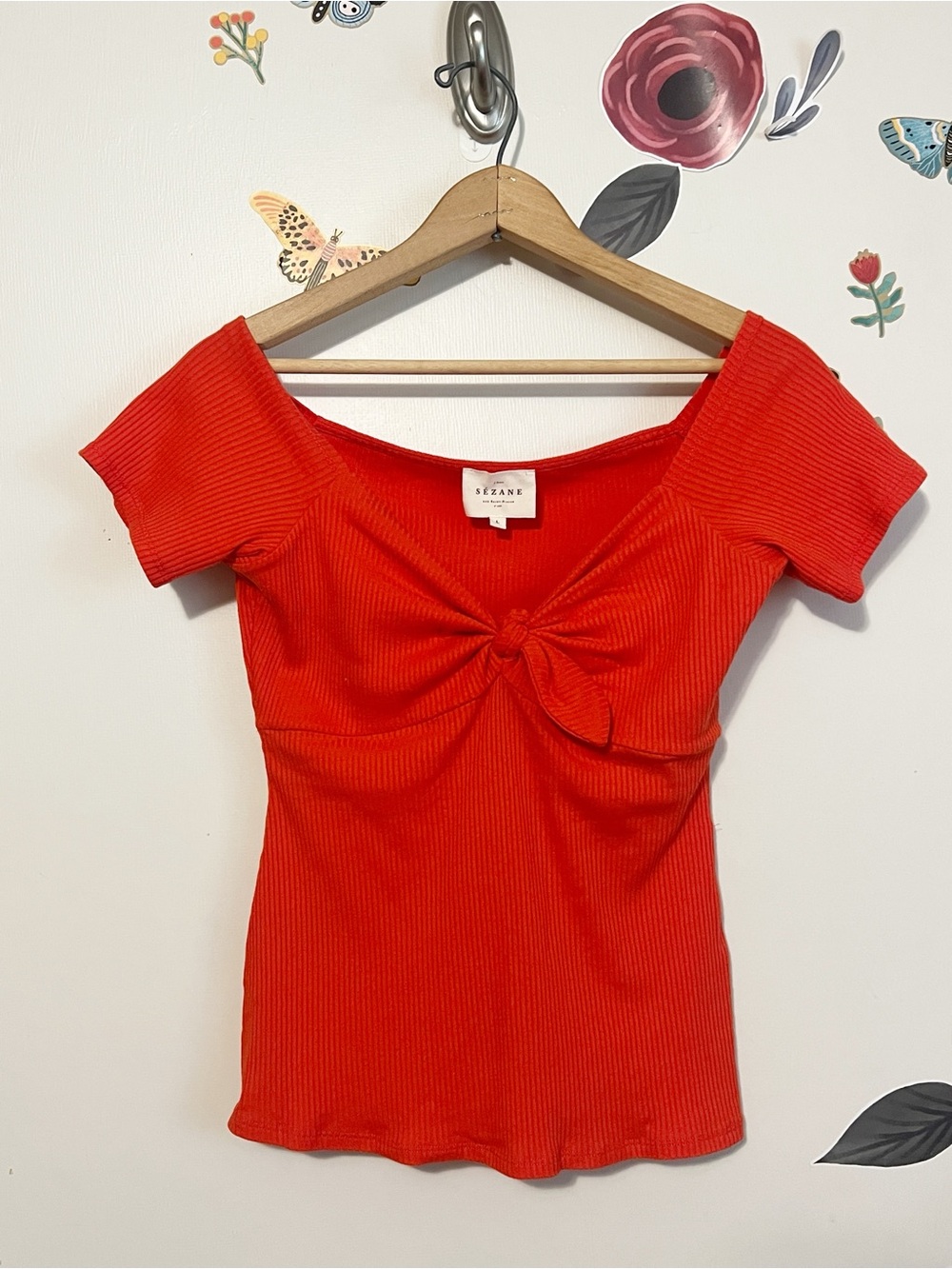 Sézane Red Knot-Front Ribbed Short Sleeve Top